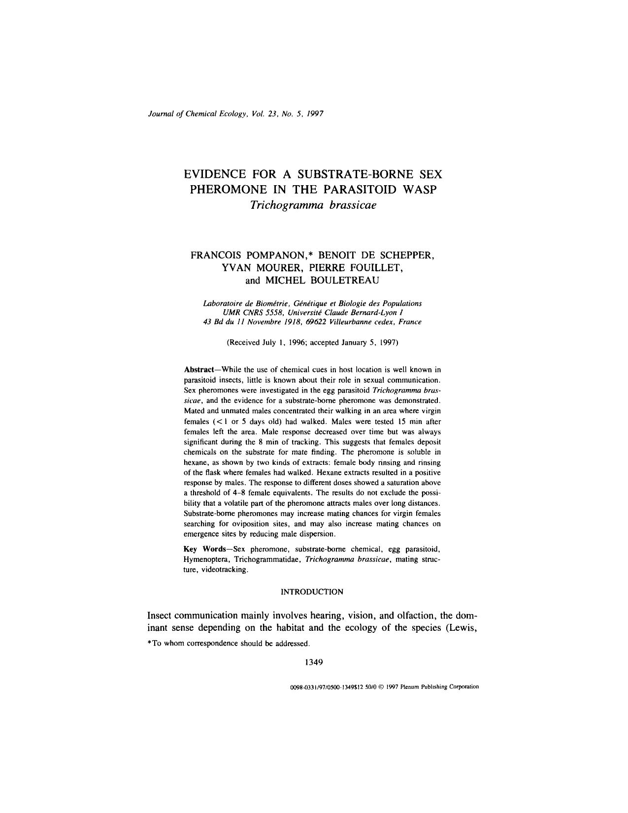 Evidence for a Substrate-Borne Sex Pheromone in the Parasitoid Wasp <Emphasis Type="Italic">Trichogramma brassicae<Emphasis> by Unknown