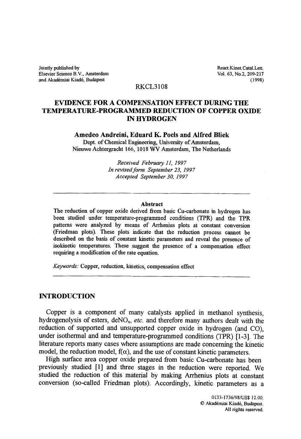 Evidence for a compensation effect during the temperature-programmed reduction of copper oxide in hydrogen by Unknown