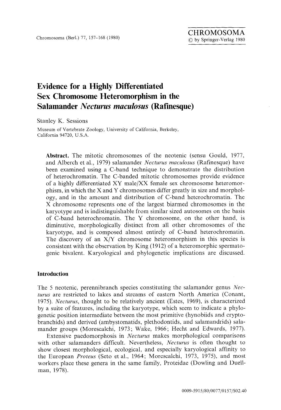 Evidence for a highly differentiated sex chromosome heteromorphism in the salamander <Emphasis Type="Italic">Necturus maculosus<Emphasis> (Rafinesque) by Unknown