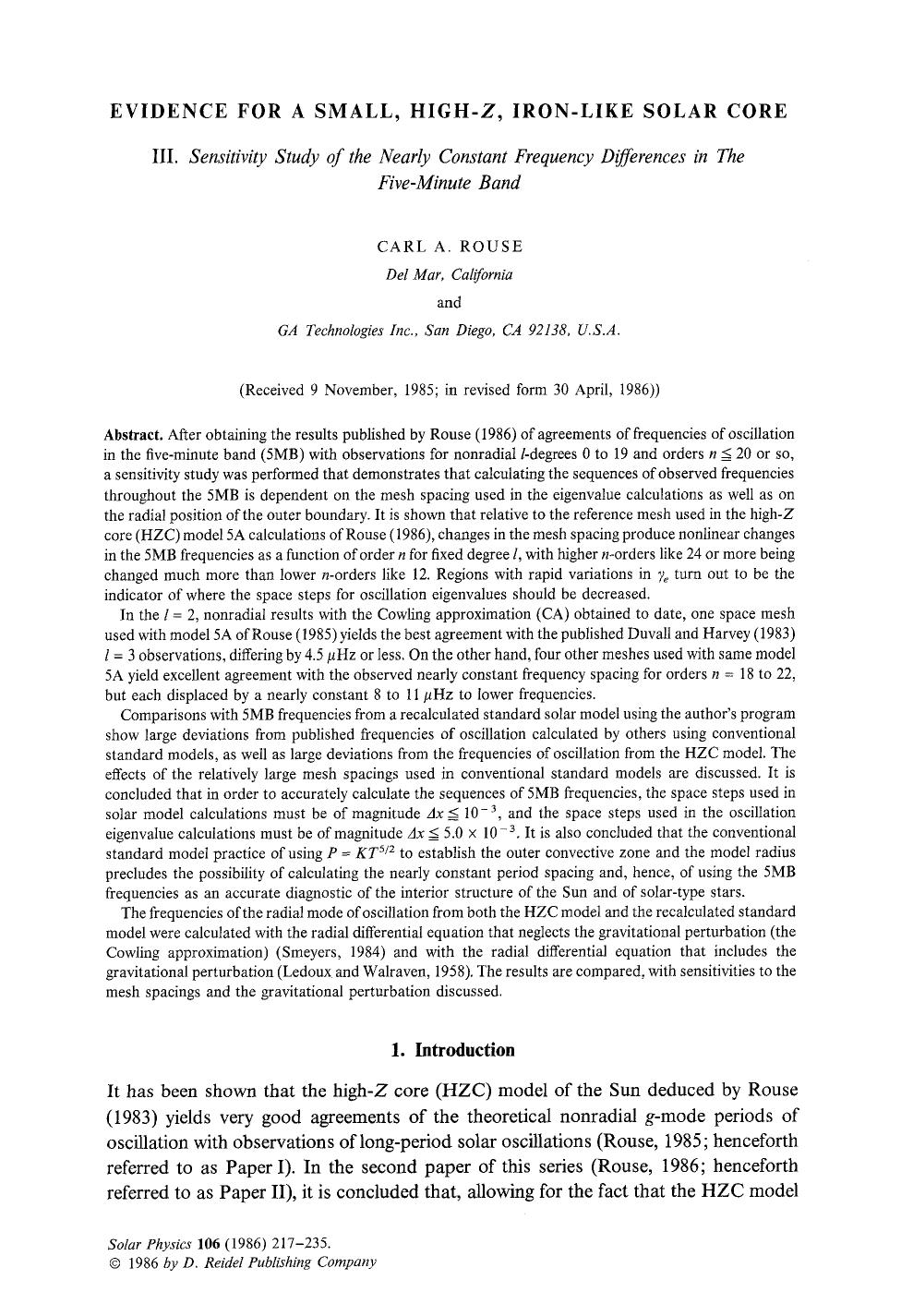 Evidence for a small, high-Z, iron-like solar core by Unknown