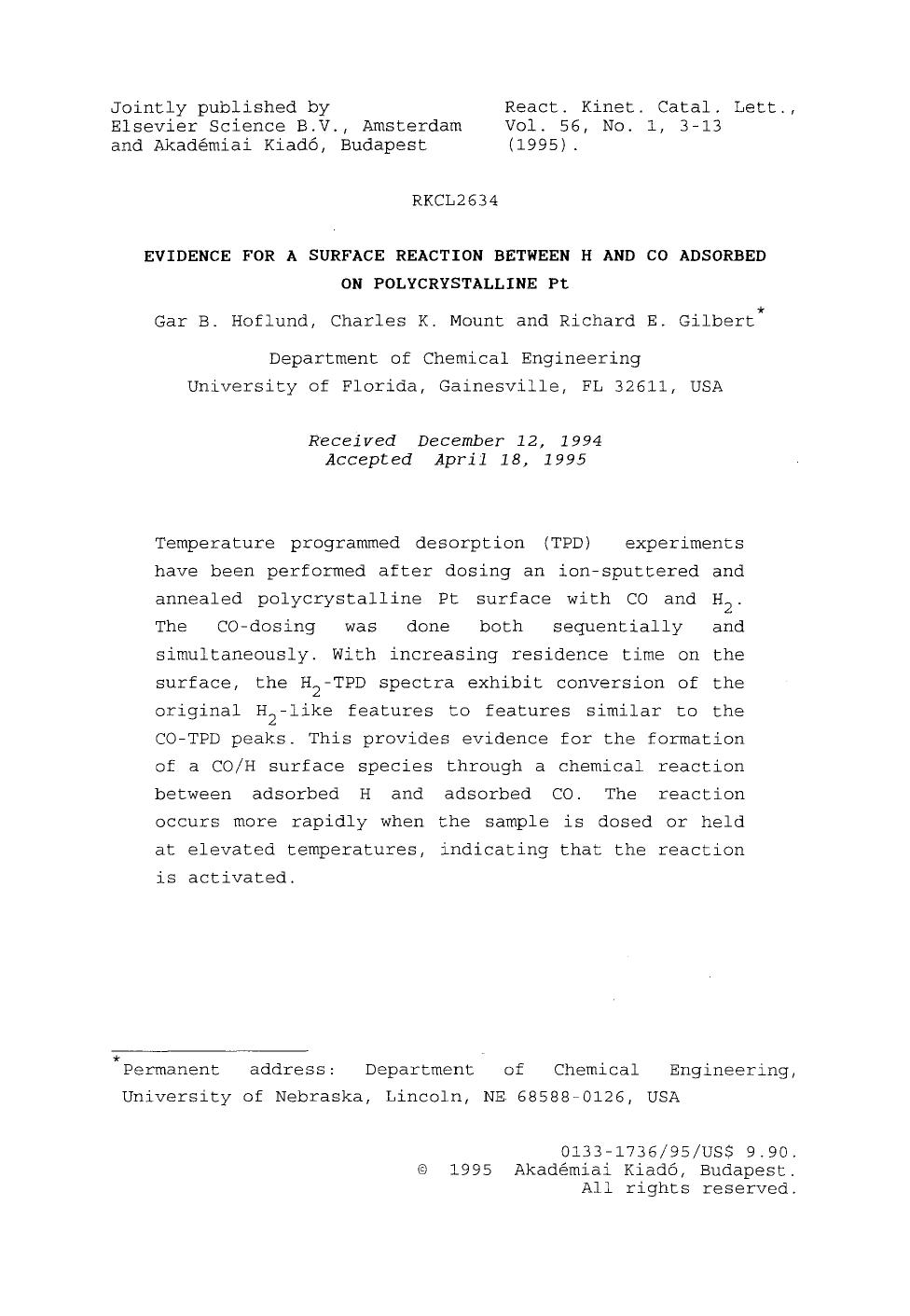 Evidence for a surface reaction between H and CO adsorbed on polycrystalline Pt by Unknown
