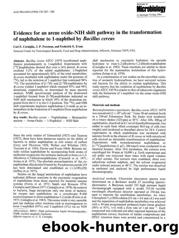 Evidence for an arene oxide-NIH shift pathway in the transformation of naphthalene to 1-naphthol by <Emphasis Type="Italic">Bacillus cereus<Emphasis> by Unknown