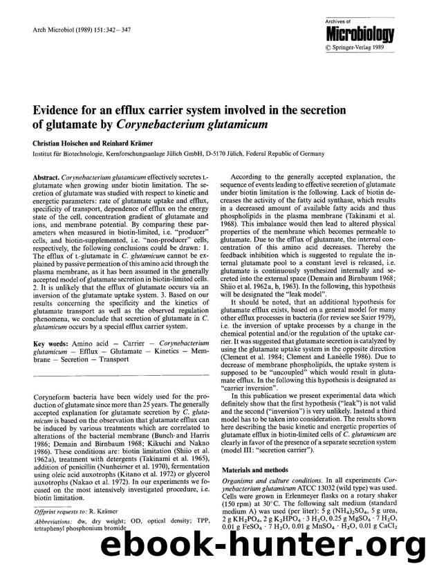 Evidence for an efflux carrier system involved in the secretion of glutamate by <Emphasis Type="Italic">Corynebacterium glutamicum<Emphasis> by Unknown