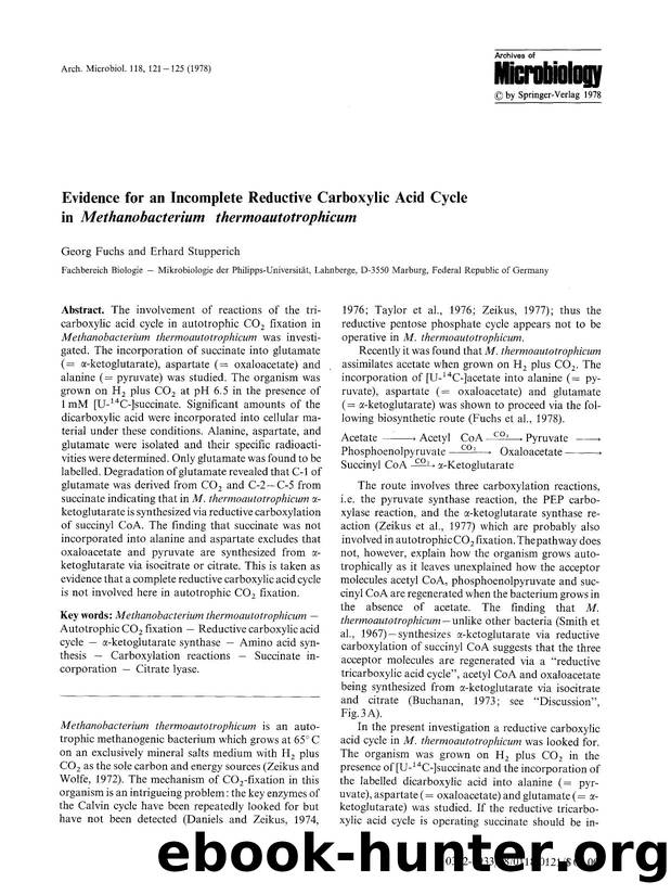 Evidence for an incomplete reductive carboxylic acid cycle in <Emphasis Type="Italic">Methanobacterium thermoautotrophicum<Emphasis> by Unknown