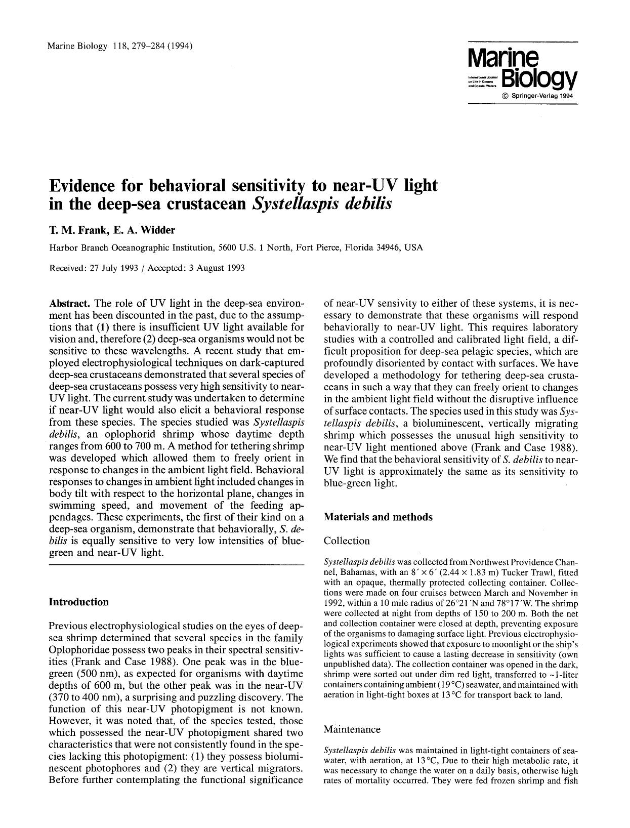 Evidence for behavioral sensitivity to near-UV light in the deep-sea crustacean <Emphasis Type="Italic">Systellaspis debilis<Emphasis> by Unknown