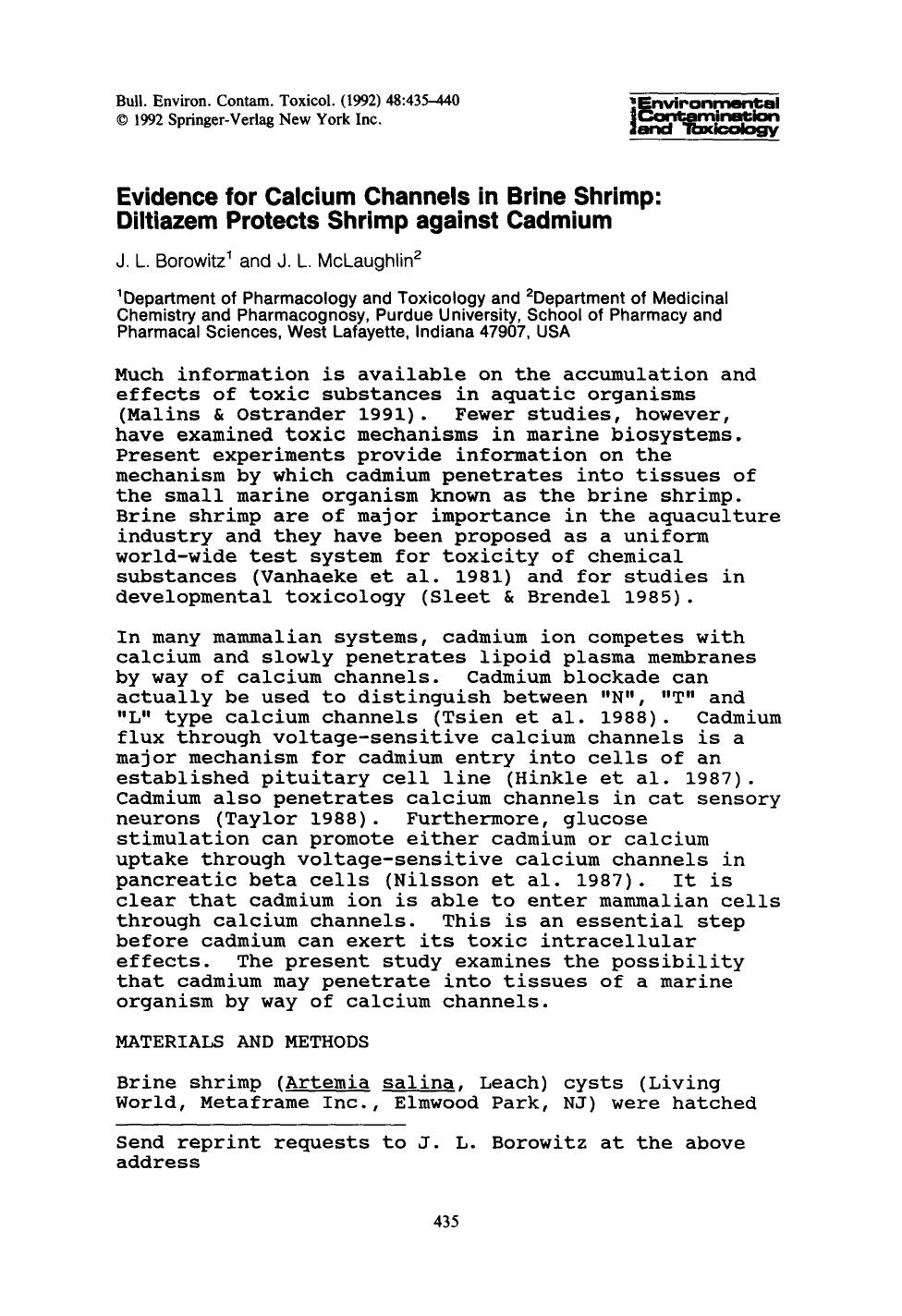 Evidence for calcium channels in brine shrimp: Diltiazem protects shrimp against cadmium by Unknown