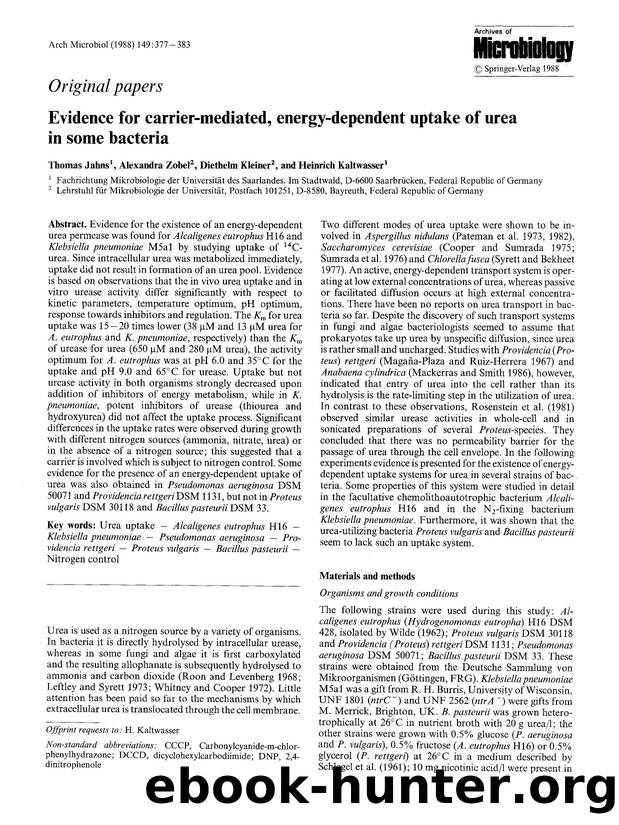 Evidence for carrier-mediated, energy-dependent uptake of urea in some bacteria by Unknown