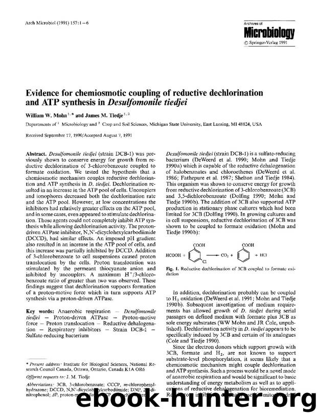 Evidence for chemiosmotic coupling of reductive dechlorination and ATP synthesis in <Emphasis Type="Italic">Desulfomonile tiedjei<Emphasis> by Unknown