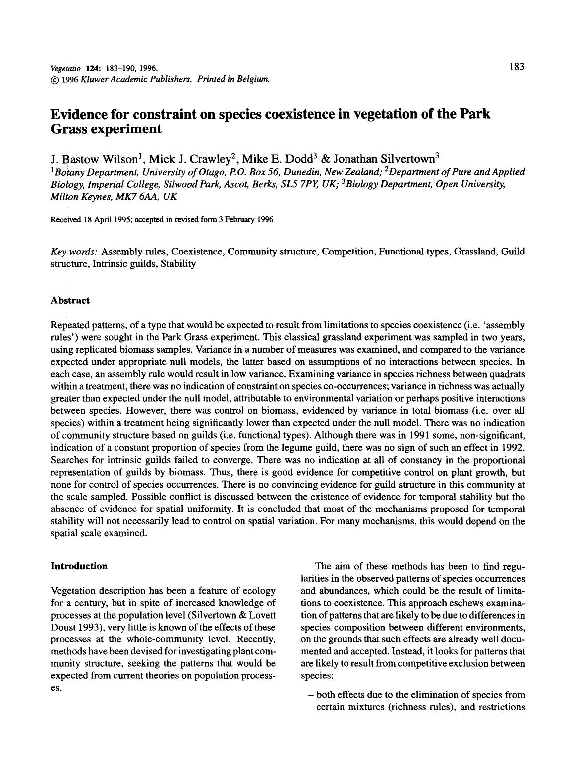 Evidence for constraint on species coexistence in vegetation of the Park Grass experiment by Unknown