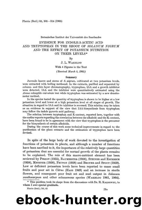 Evidence for indole-3-acetic acid and tryptophan in the shoot of <Emphasis Type="Italic">Solanum nigrum<Emphasis> and the effect of potassium nutrition on their levels by Unknown