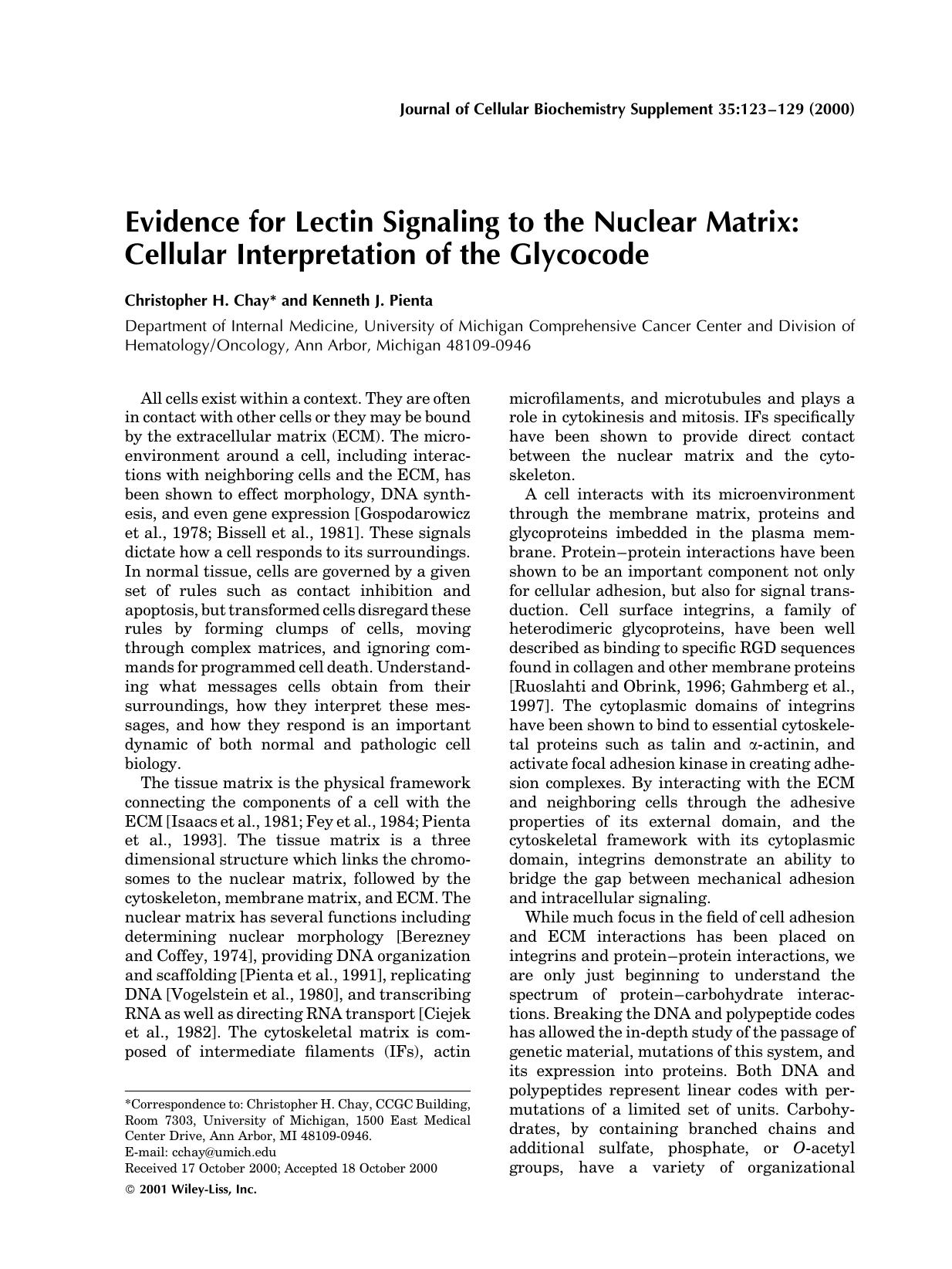 Evidence for lectin signaling to the nuclear matrix: Cellular interpretation of the glycocode by Unknown