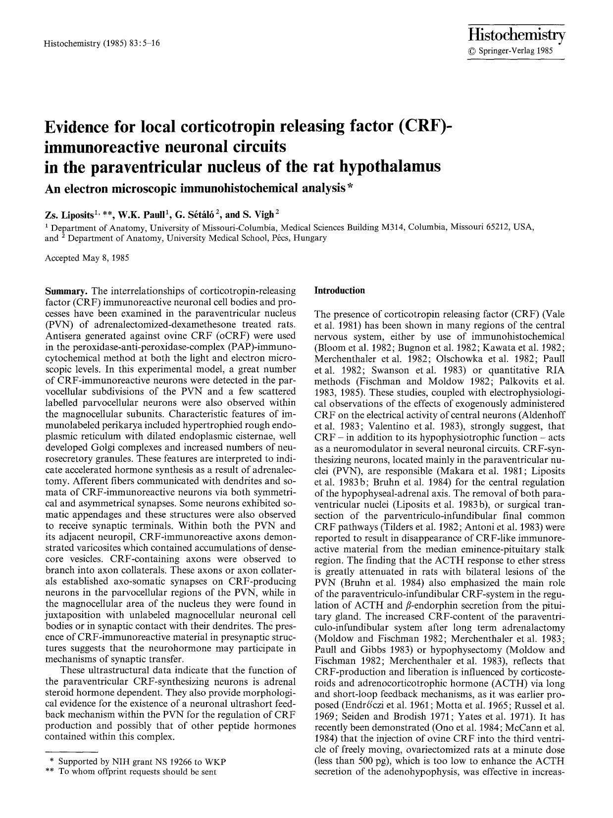 Evidence for local corticotropin releasing factor (CRF)-immunoreactive neuronal circuits in the paraventricular nucleus of the rat hypothalamus by Unknown