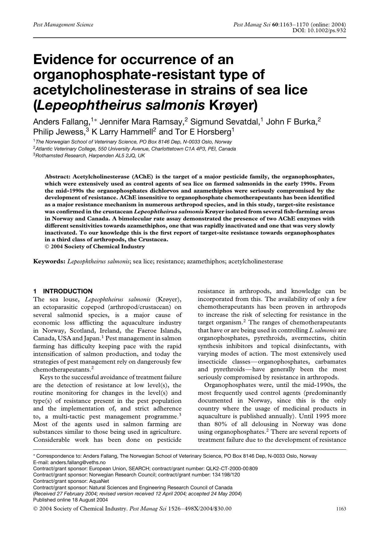 Evidence for occurrence of an organophosphate-resistant type of acetylcholinesterase in strains of sea lice (Lepeophtheirus salmonis KrÃ¸yer) by Unknown