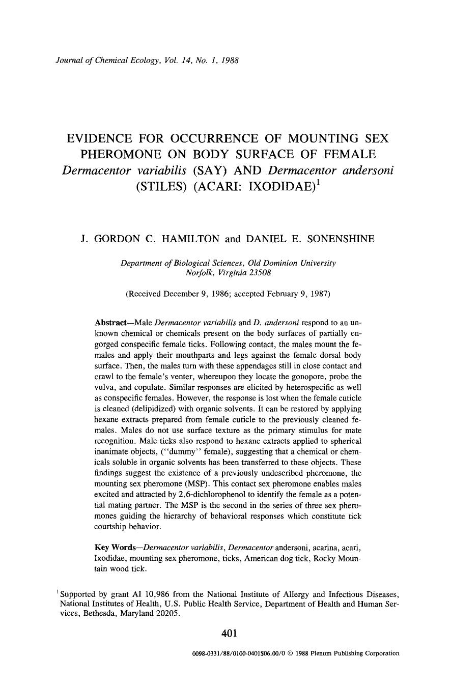 Evidence for occurrence of mounting sex pheromone on body surface of female <Emphasis Type="Italic">Dermacentor variabilis <Emphasis> (Say) And <Emphasis Type="Italic">Dermacentor  by Unknown