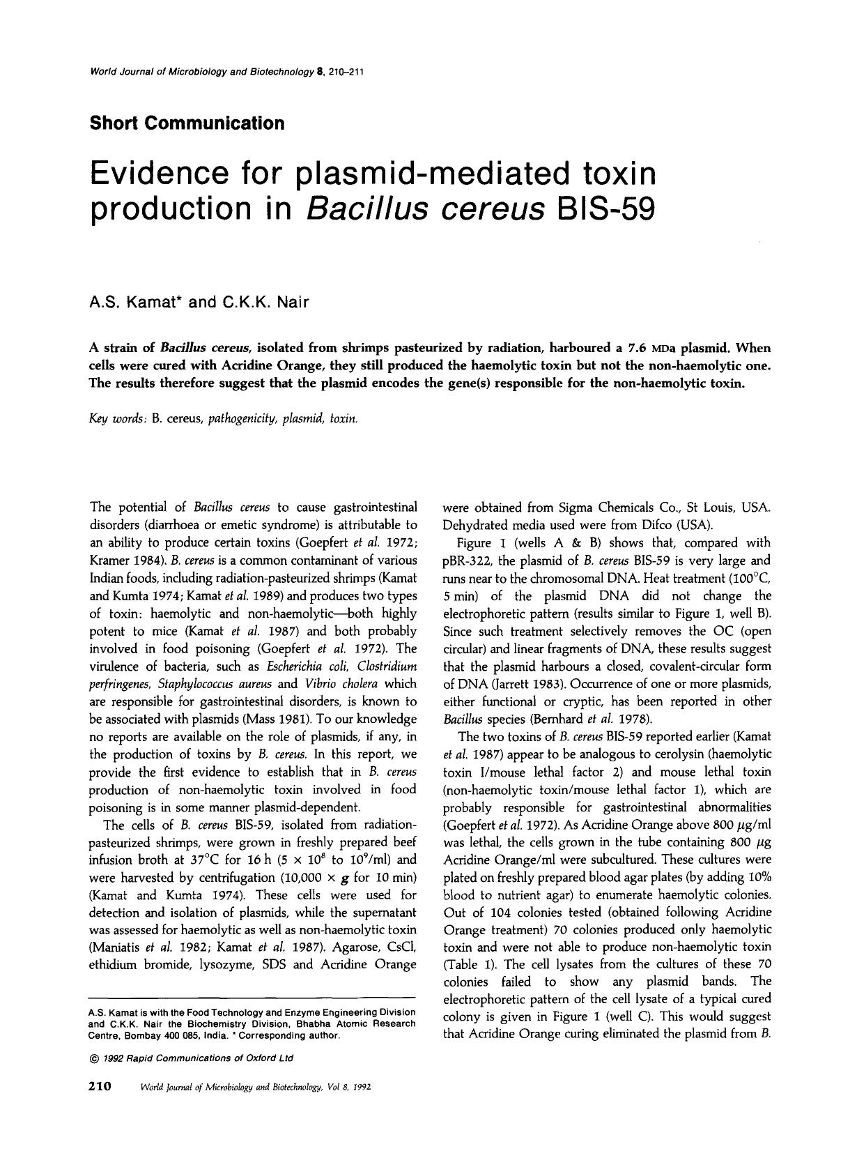 Evidence for plasmid-mediated toxin production in <Emphasis Type="Italic">Bacillus cereus <Emphasis> BIS-59 by Unknown