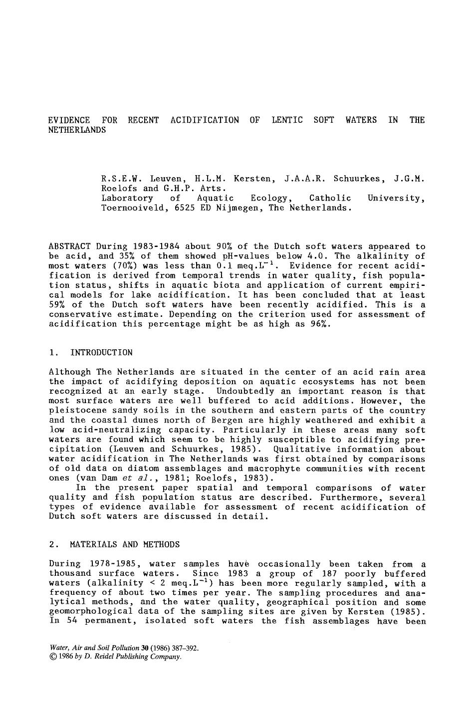 Evidence for recent acidification of lentic soft waters in the Netherlands by Unknown