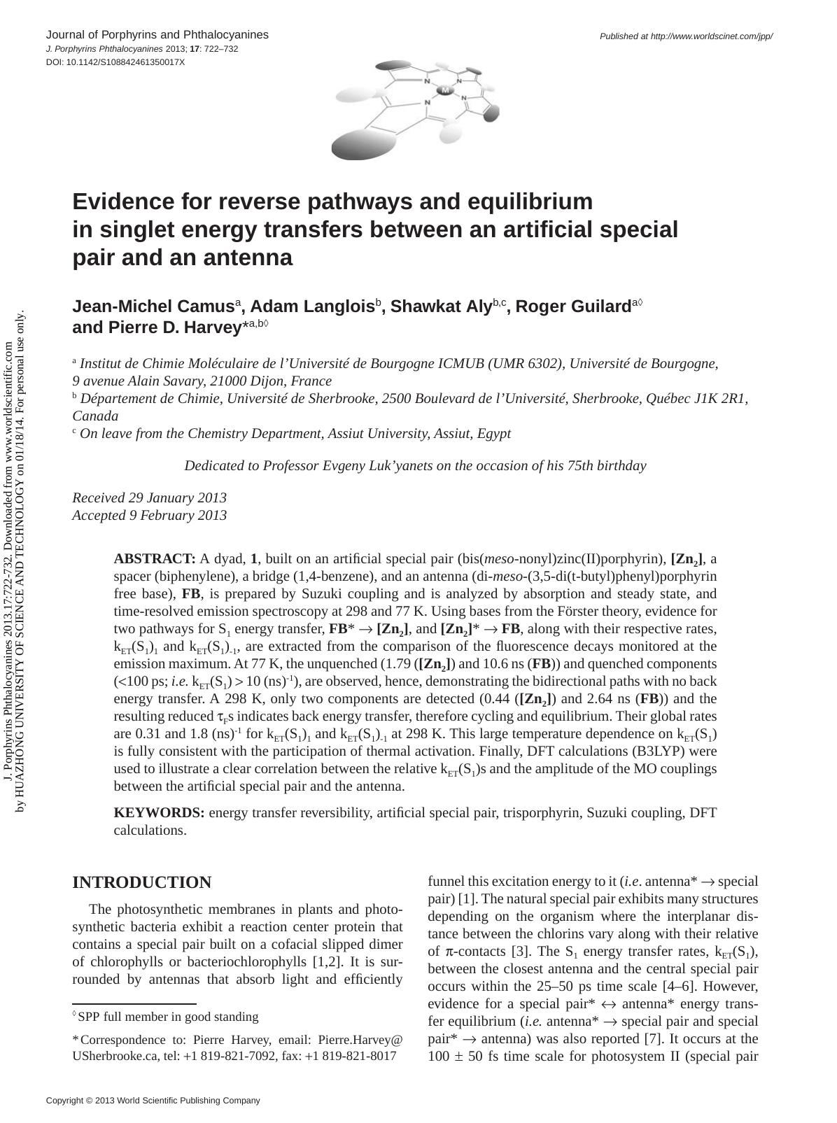 Evidence for reverse pathways and equilibrium in singlet energy transfers between an artificial special pair and an antenna by Jean-Michel Camus Adam Langlois Shawkat Aly Roger Guilard & Pierre D. Harvey