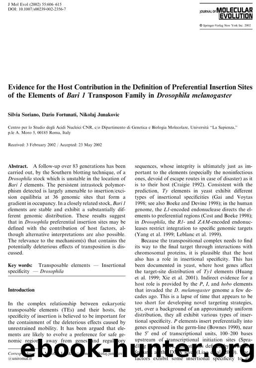Evidence for the Host Contribution in the Definition of Preferential Insertion Sites of the Elements of Bari 1 Transposon Family in Drosophila melanogaster by Soriano S. et al