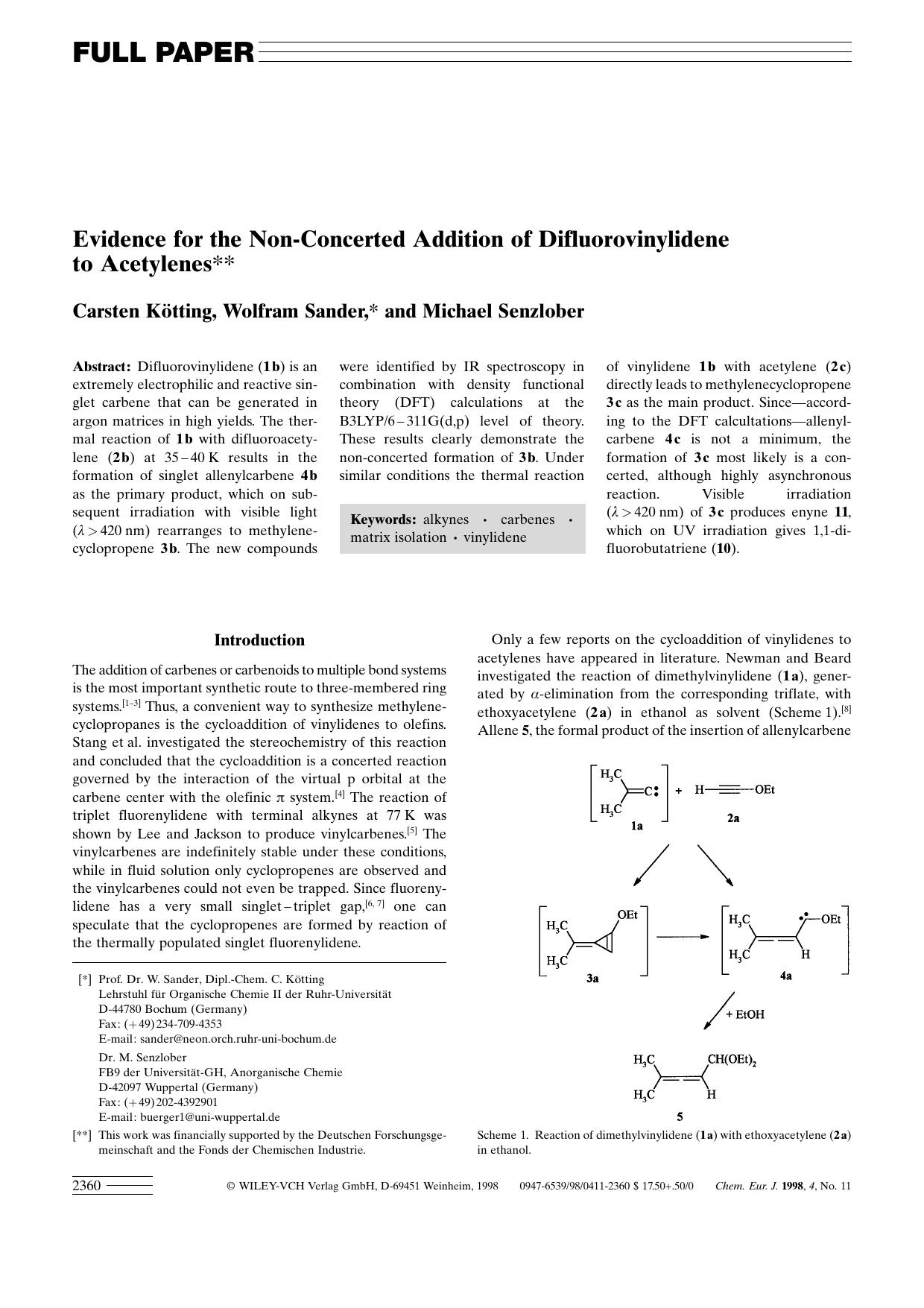 Evidence for the Non-Concerted Addition of Difluorovinylidene to Acetylenes by Unknown
