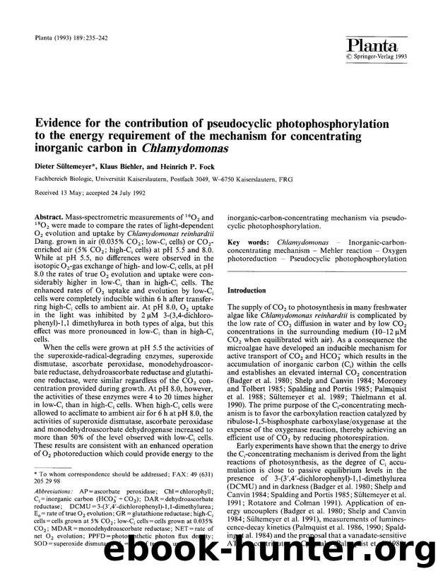 Evidence for the contribution of pseudocyclic photophosphorylation to the energy requirement of the mechanism for concentrating inorganic carbon in <Emphasis Type="Italic">Chlamydomonas<Emphasis> by Unknown