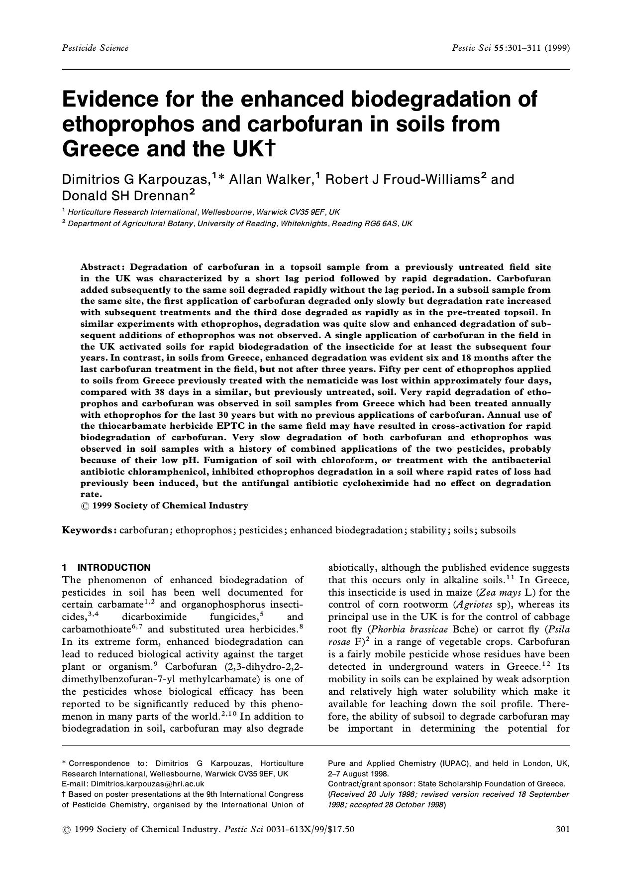 Evidence for the enhanced biodegradation of ethoprophos and carbofuran in soils from Greece and the UK by Unknown