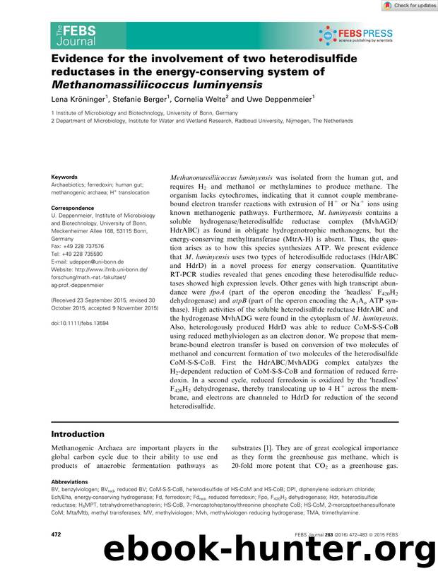 Evidence for the involvement of two heterodisulfide reductases in the energyâconserving system of Methanomassiliicoccus luminyensis by Unknown