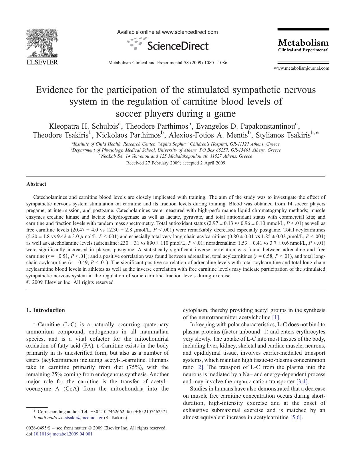 Evidence for the participation of the stimulated sympathetic nervous system in the regulation of carnitine blood levels of soccer players during a game by unknow