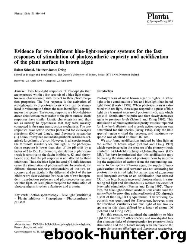 Evidence for two different blue-light-receptor systems for the fast responses of stimulation of photosynthetic capacity and acidification of the plant surface in brown algae by Unknown