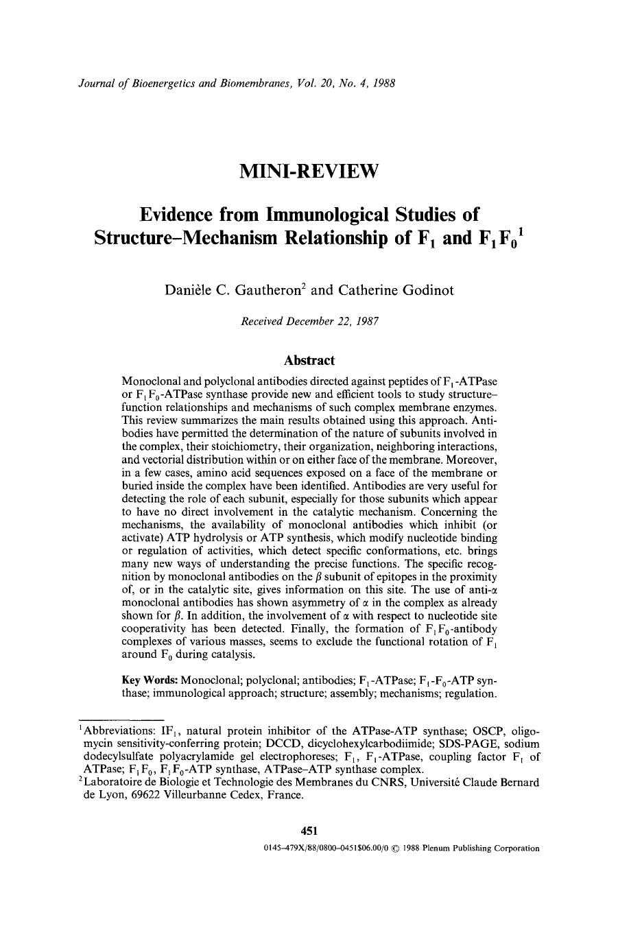 Evidence from immunological studies of structure-mechanism relationship of F <Subscript>1 <Subscript> and F <Subscript>1 <Subscript>F <Subscript>0 <Subscript> by Unknown