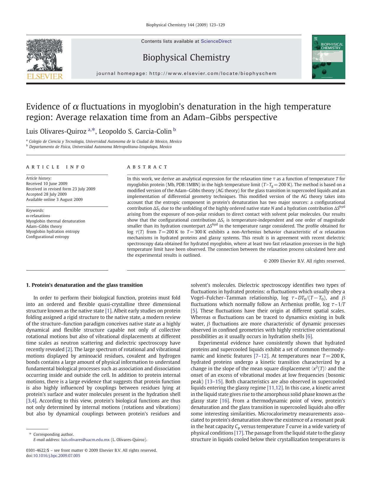 Evidence of Î± fluctuations in myoglobin's denaturation in the high temperature region: Average relaxation time from an AdamâGibbs perspective by Luis Olivares-Quiroz; Leopoldo S. Garcia-Colin