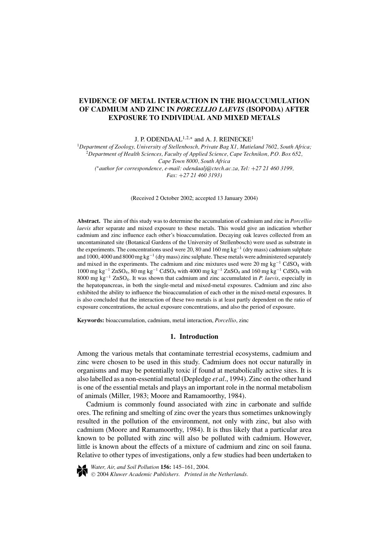 Evidence of Metal Interaction in the Bioaccumulation of Cadmium and Zinc in <Emphasis Type="Italic">Porcellio Laevis<Emphasis> (Isopoda) after Exposure to Individual and Mixed Metals by Unknown