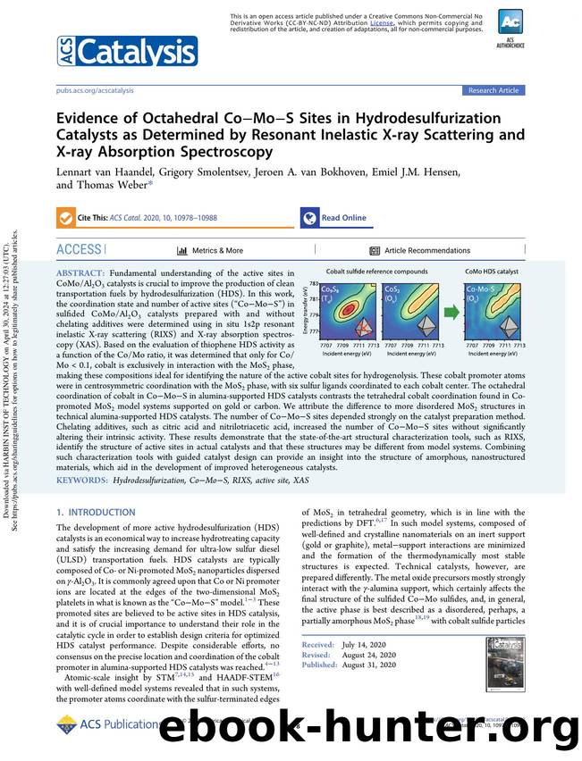 Evidence of Octahedral CoâMoâS Sites in Hydrodesulfurization Catalysts as Determined by Resonant Inelastic X-ray Scattering and X-ray Absorption Spectroscopy by Lennart van Haandel Grigory Smolentsev Jeroen A. van Bokhoven Emiel J.M. Hensen & Thomas Weber