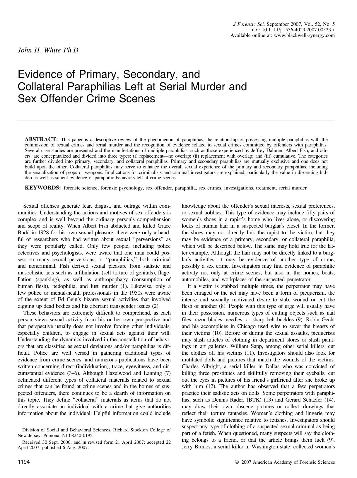 Evidence of Primary, Secondary, and Collateral Paraphilias Left at Serial Murder and Sex Offender Crime Scenes by Unknown