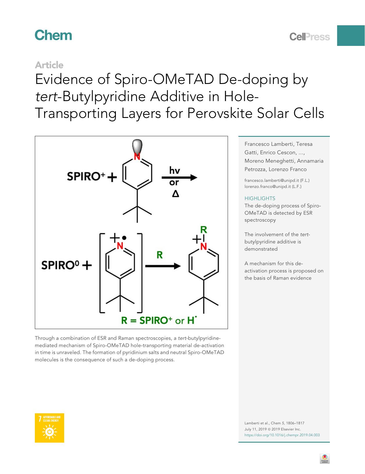 Evidence of Spiro-OMeTAD De-doping by tert-Butylpyridine Additive in Hole-Transporting Layers for Perovskite Solar Cells by unknow