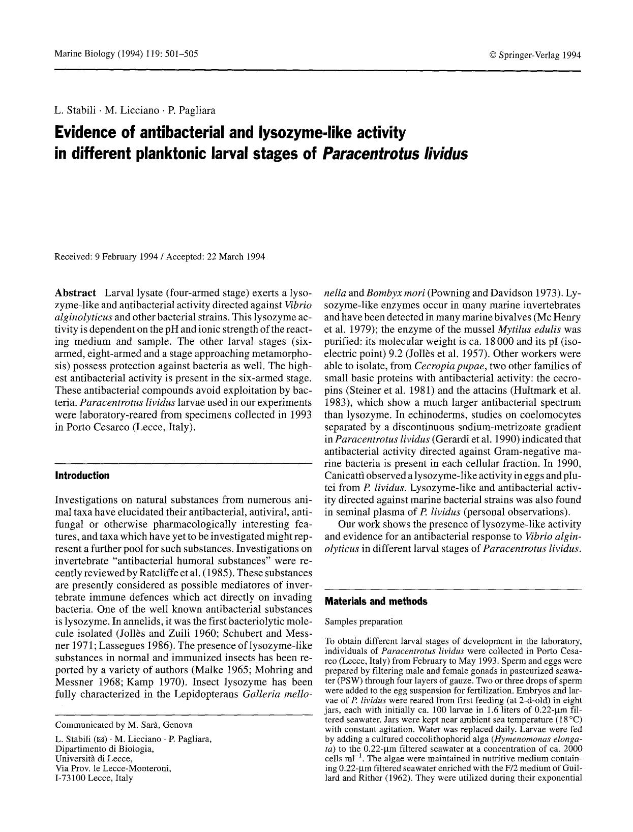 Evidence of antibacterial and lysozyme-like activity in different planktonic larval stages of <Emphasis Type="Italic">Paracentrotus lividus<Emphasis> by Unknown