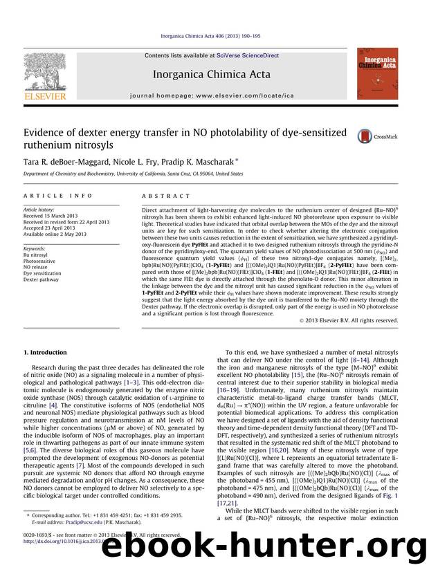 Evidence of dexter energy transfer in NO photolability of dye-sensitized ruthenium nitrosyls by Tara R. deBoer-Maggard & Nicole L. Fry & Pradip K. Mascharak