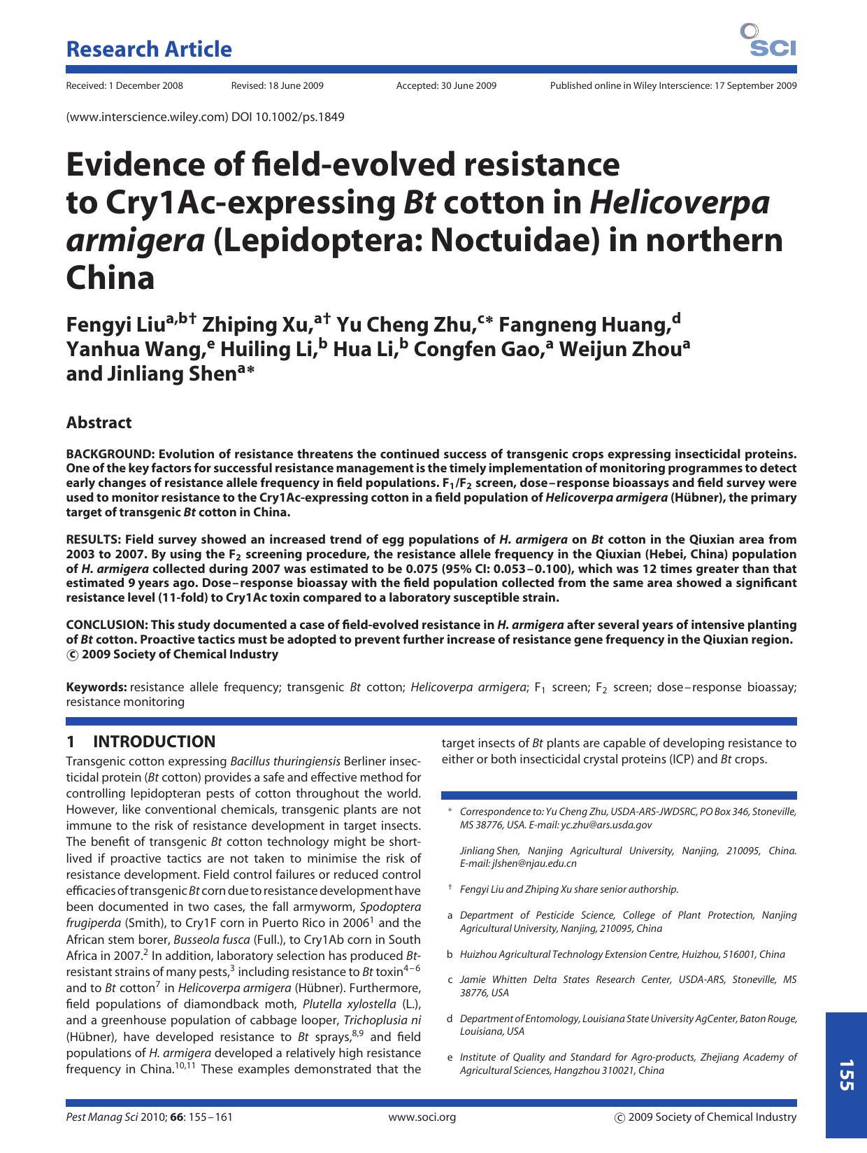 Evidence of field-evolved resistance to Cry1Ac-expressing Bt cotton in Helicoverpa armigera (Lepidoptera: Noctuidae) in northern China by Unknown