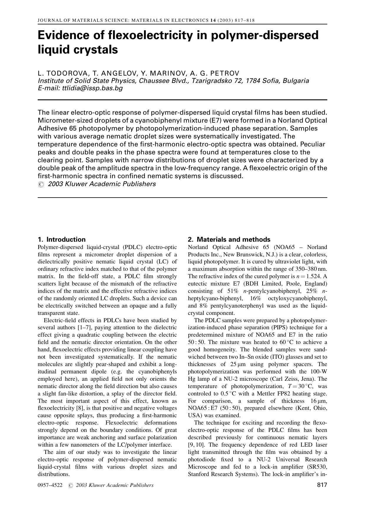 Evidence of flexoelectricity in polymer-dispersed liquid crystals by Unknown