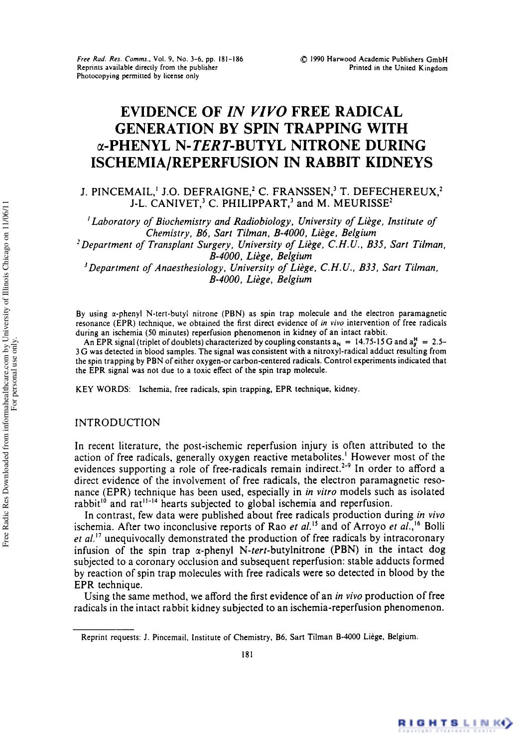 Evidence of in vivo Free Radical Generation by Spin Trapping with Î±-Phenyl N-Tert-Butyl Nitrone During IschemiaReperfusion in Rabbit Kidneys by unknow