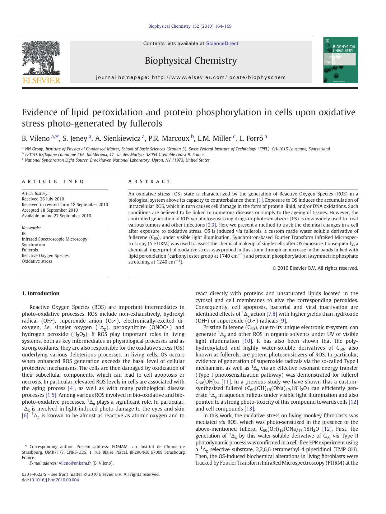 Evidence of lipid peroxidation and protein phosphorylation in cells upon oxidative stress photo-generated by fullerols by B. Vileno & S. Jeney & A. Sienkiewicz & P.R. Marcoux & L.M. Miller & L. Forró