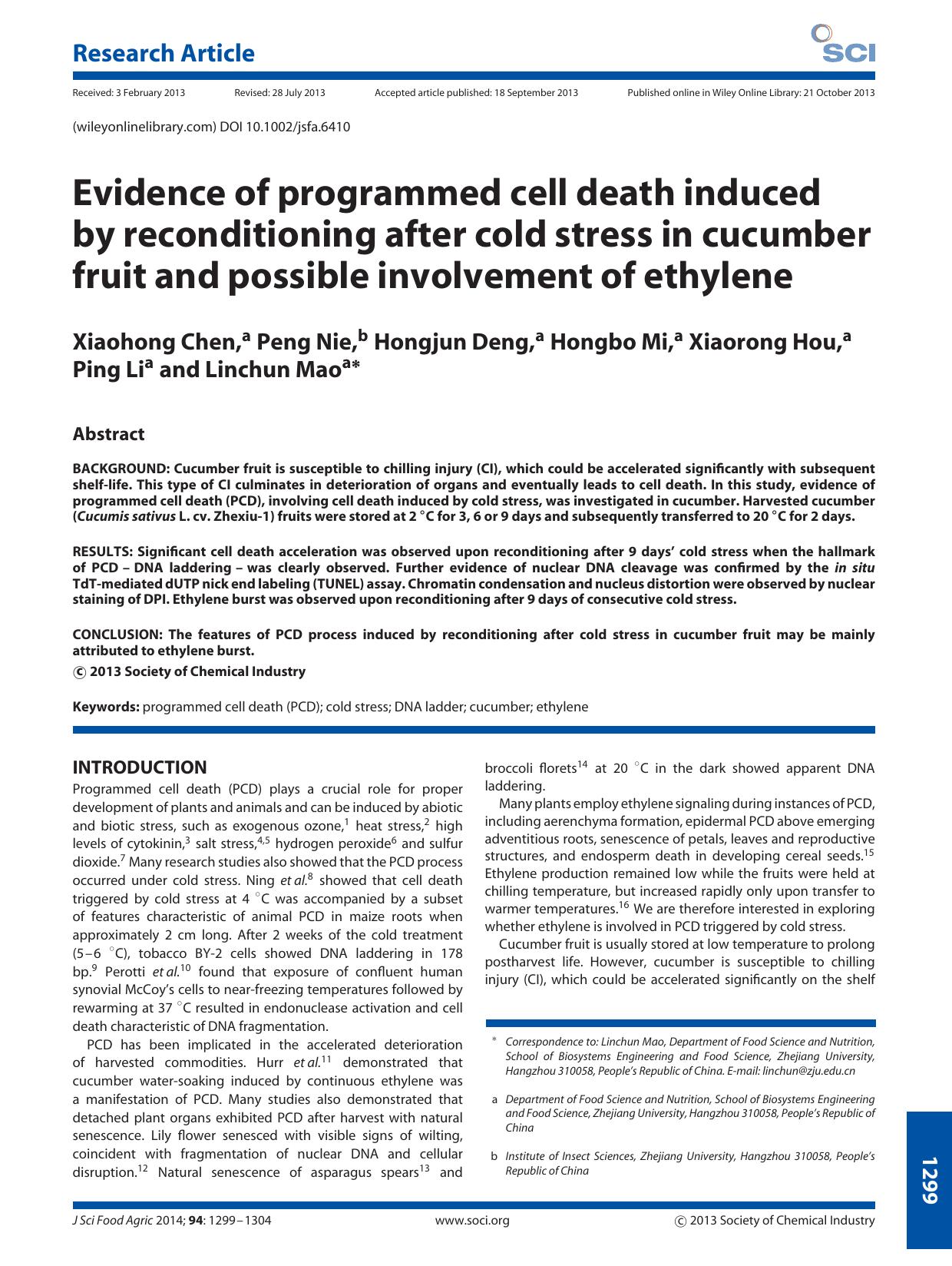 Evidence of programmed cell death induced by reconditioning after cold stress in cucumber fruit and possible involvement of ethylene by Unknown