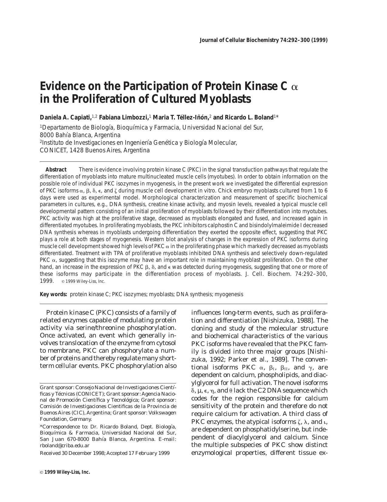 Evidence on the participation of protein kinase C [agr] in the proliferation of cultured myoblasts by Unknown