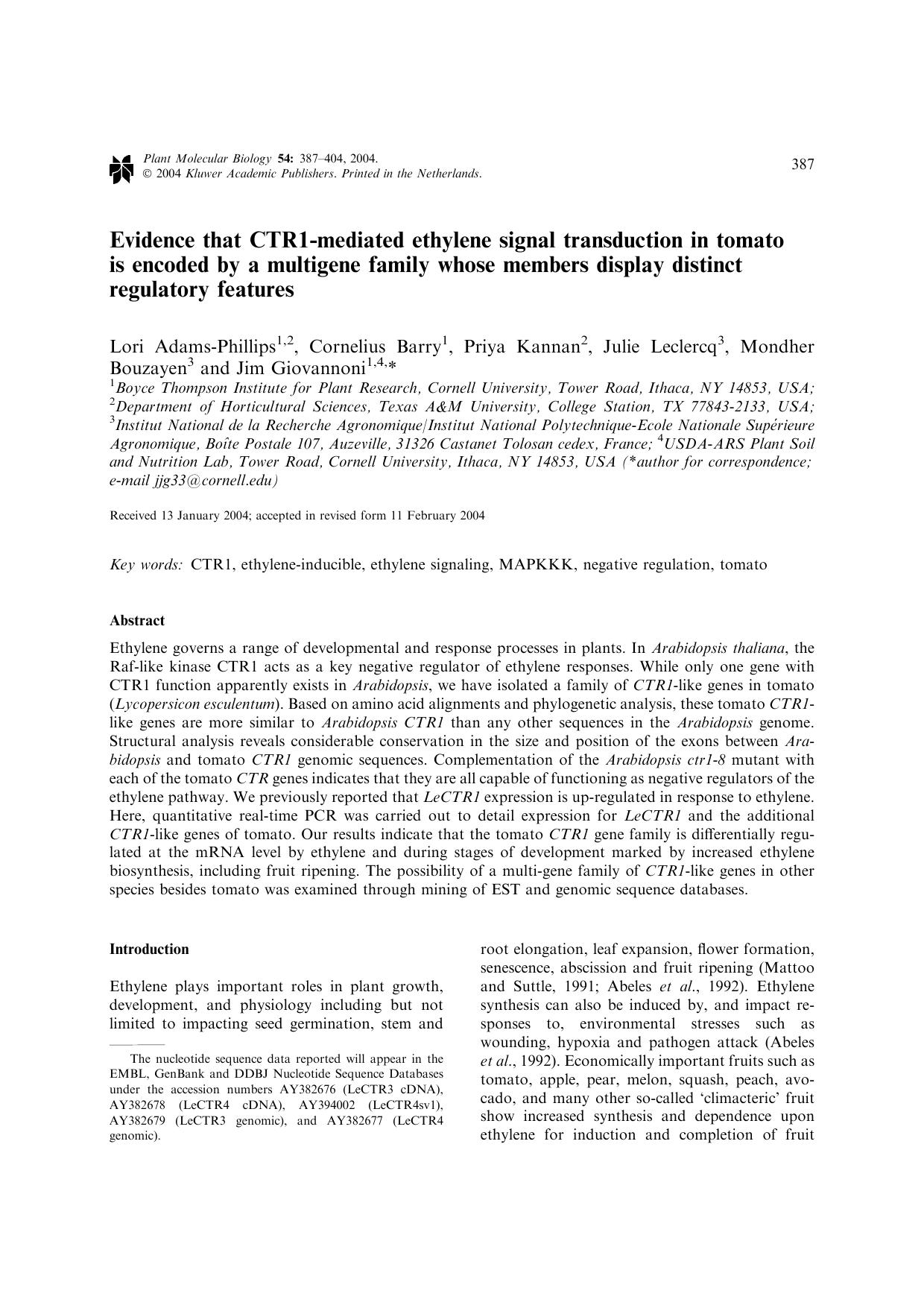 Evidence that CTR1-Mediated Ethylene Signal Transduction in Tomato is Encoded by a Multigene Family Whose Members Display Distinct Regulatory Features by Unknown
