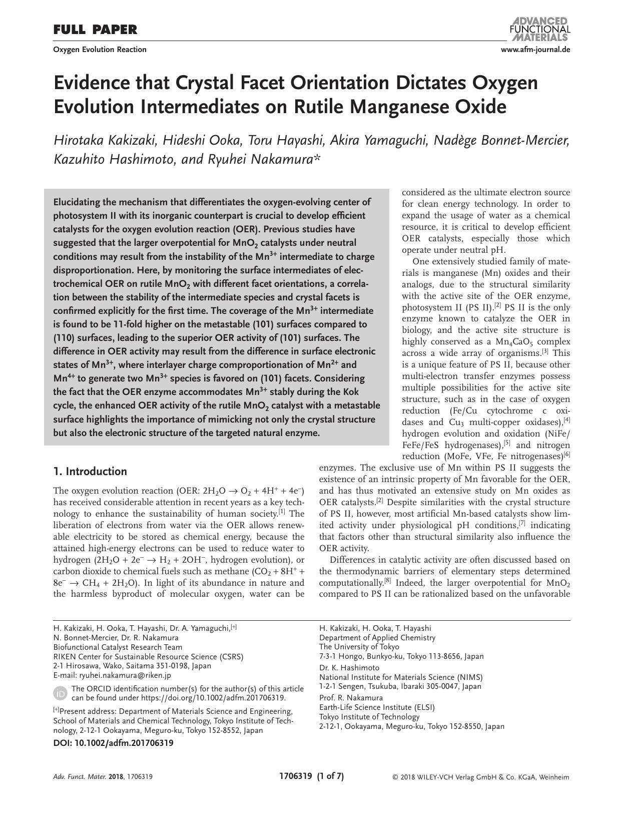 Evidence that Crystal Facet Orientation Dictates Oxygen Evolution Intermediates on Rutile Manganese Oxide by Unknown