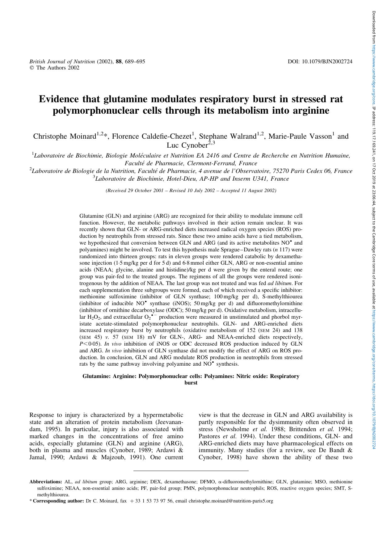 Evidence that glutamine modulates respiratory burst in stressed rat polymorphonuclear cells through its metabolism into arginine by Christophe Moinard Florence Caldefie-Chezet Stephane Walrand Marie-Paule Vasson Luc Cynober