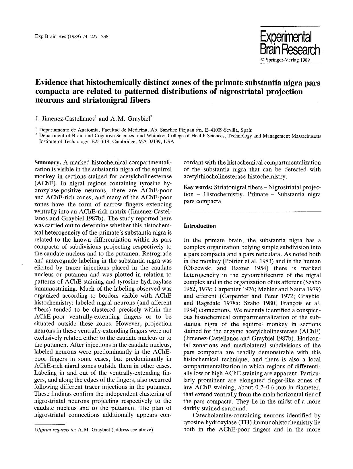 Evidence that histochemically distinct zones of the primate substantia nigra pars compacta are related to patterned distributions of nigrostriatal projection neurons and striatonigral fibers by Unknown