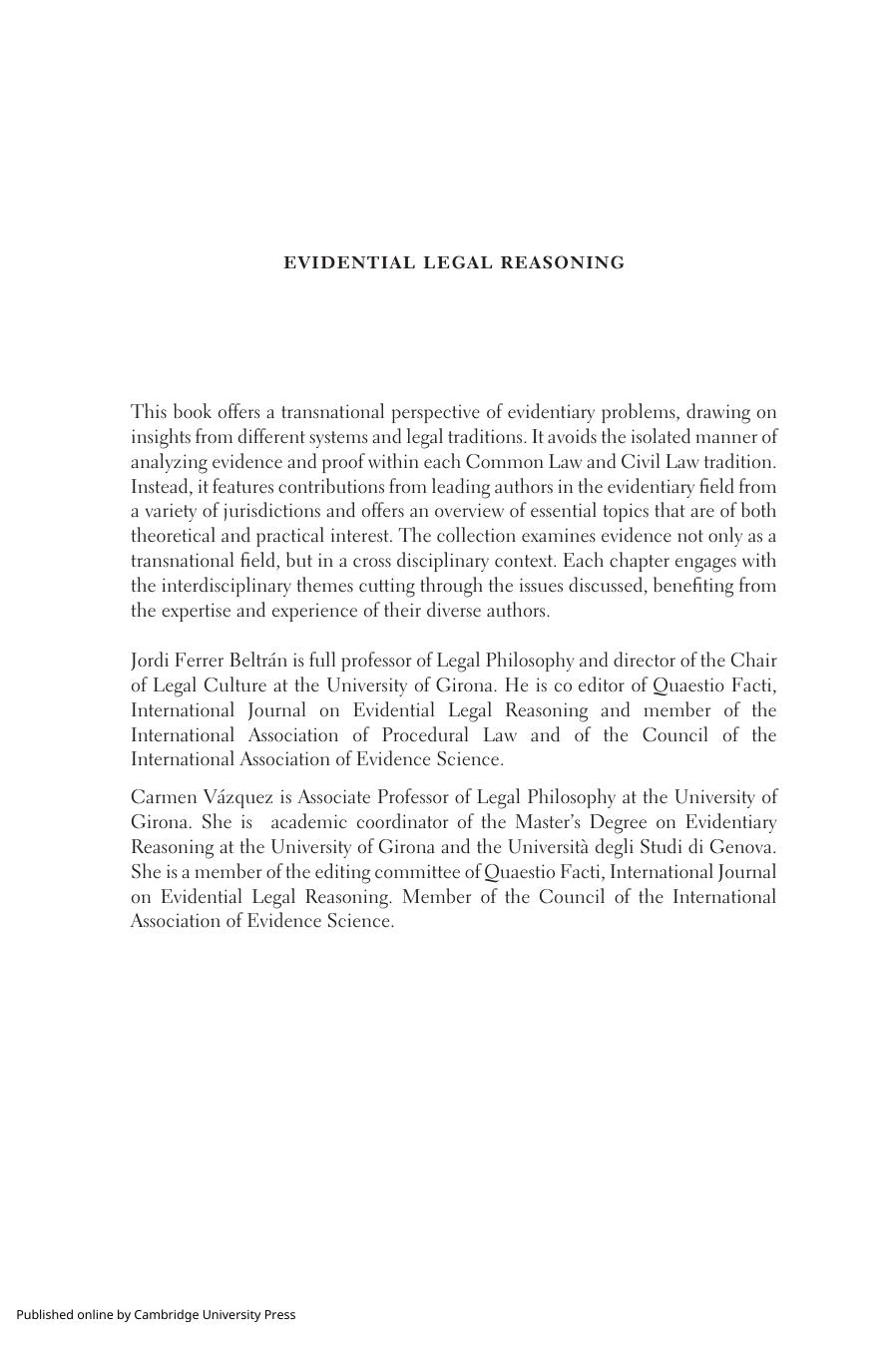 Evidential Legal Reasoning Crossing Civil Law and Common Law Traditions by Jordi Ferrer Beltrán Carmen Vázquez