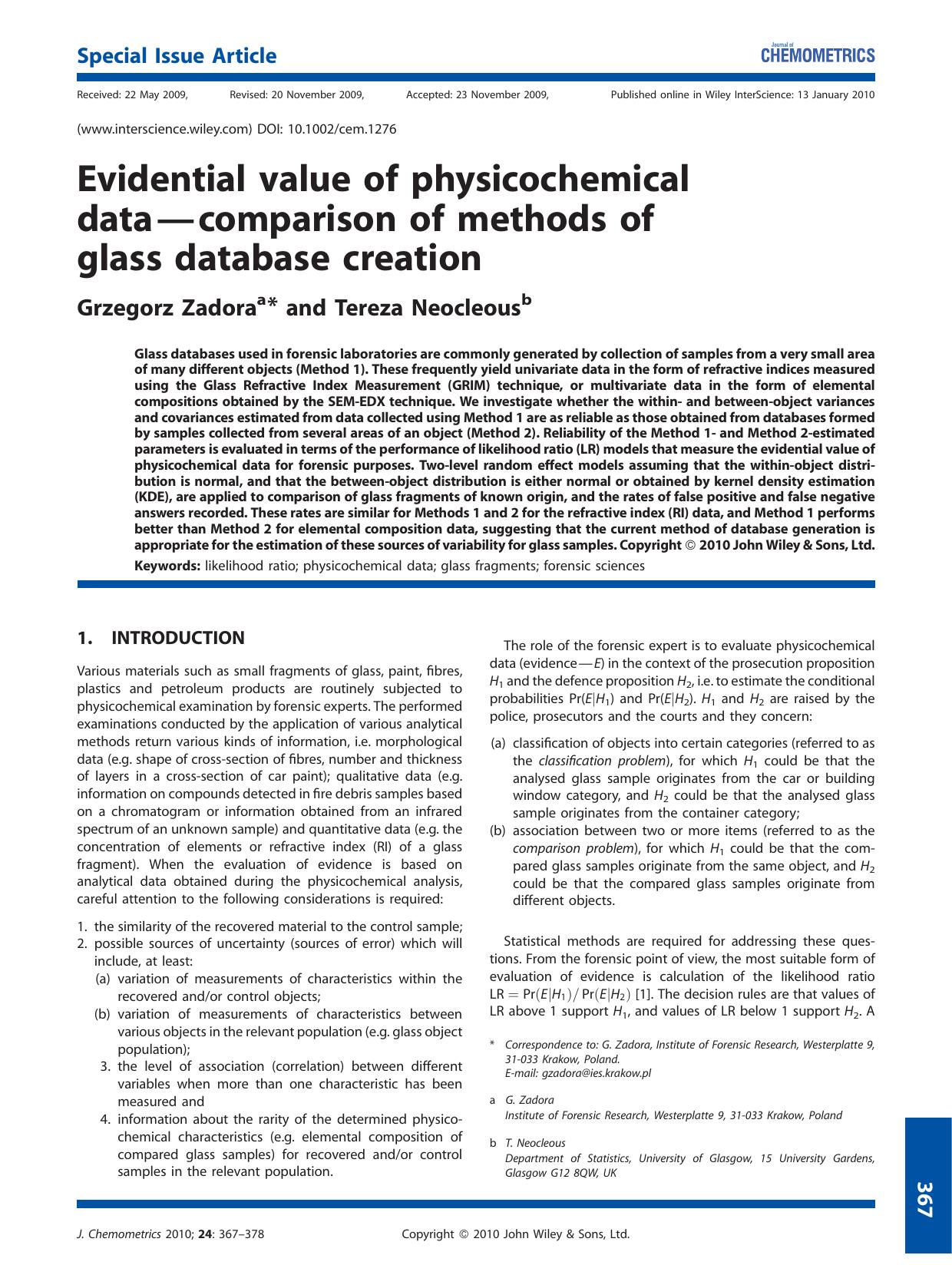 Evidential value of physicochemical data?comparison of methods of glass database creation by Unknown