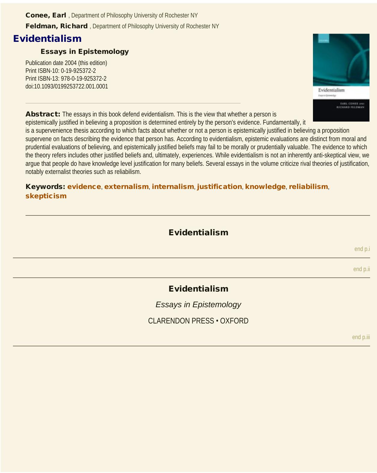 Evidentialism: Essays in Epistemology by Earl Conee