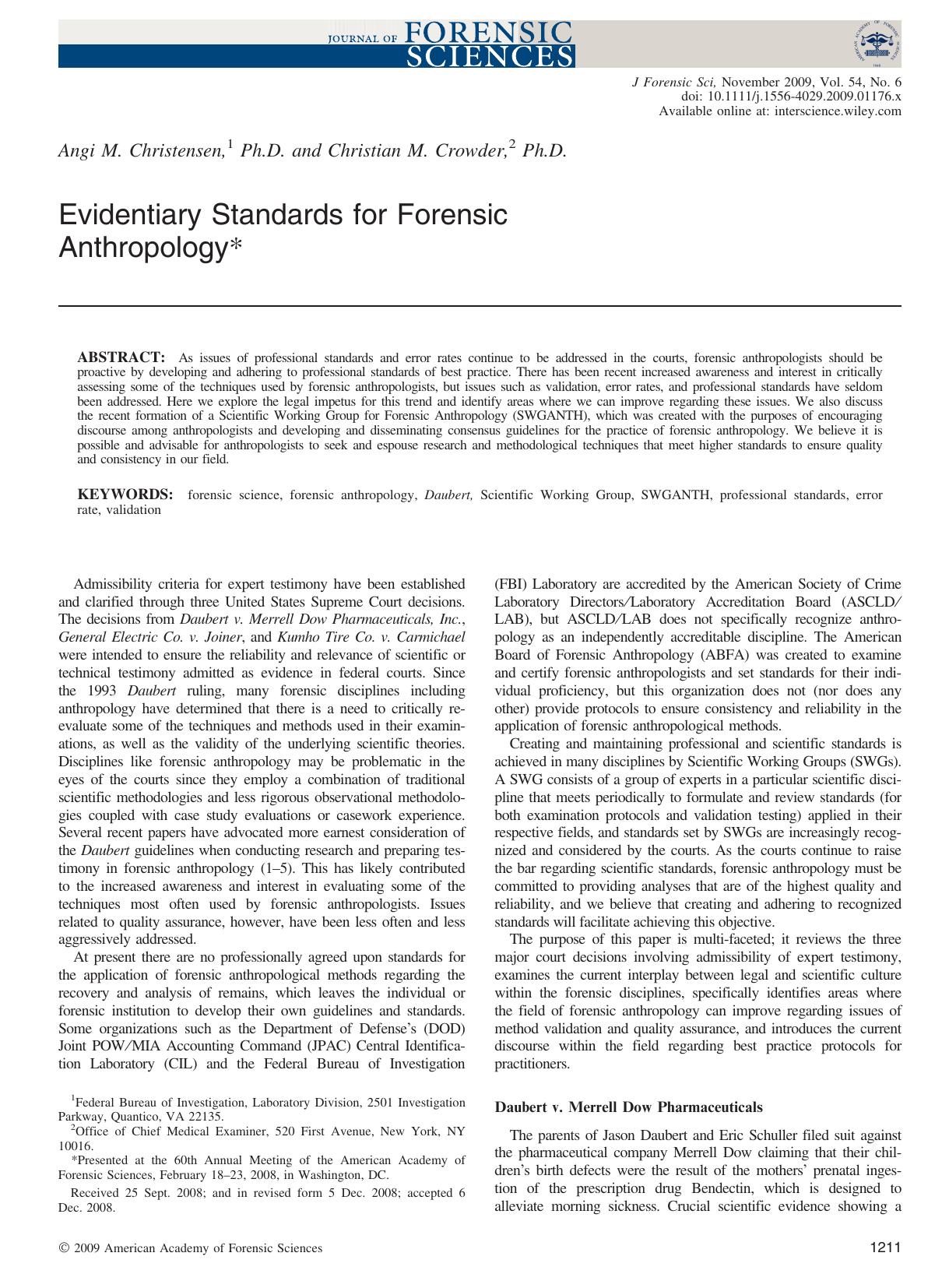 Evidentiary Standards for Forensic Anthropology* by Unknown